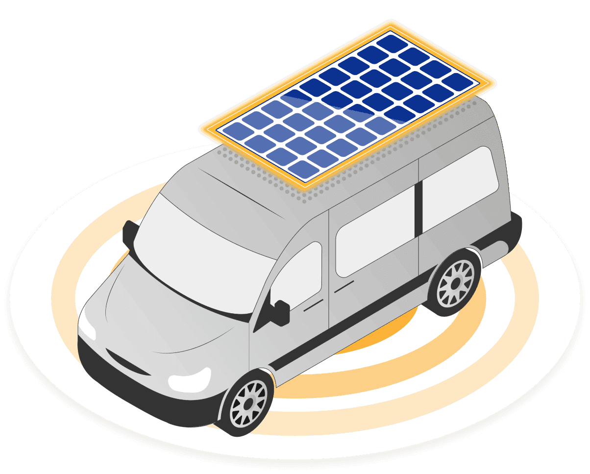 Small illustration of a van on a platform with a solar panel on the roof