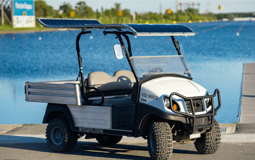 Electric cart on the water with flexible solar panels on the roof
